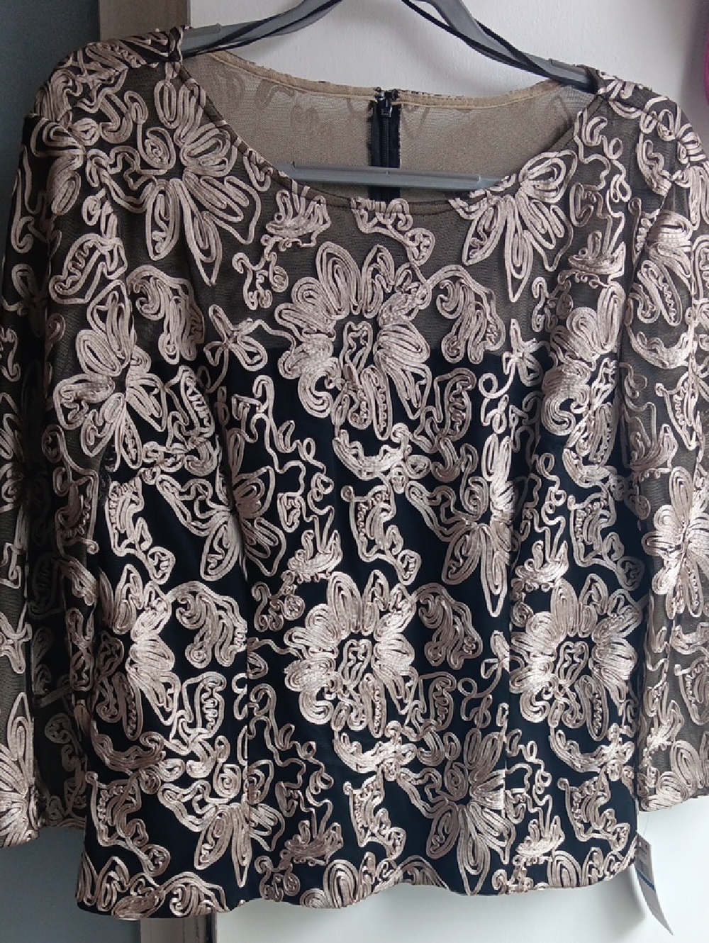 Alex Evenings Black Blouse with Cream Floral Embroidery